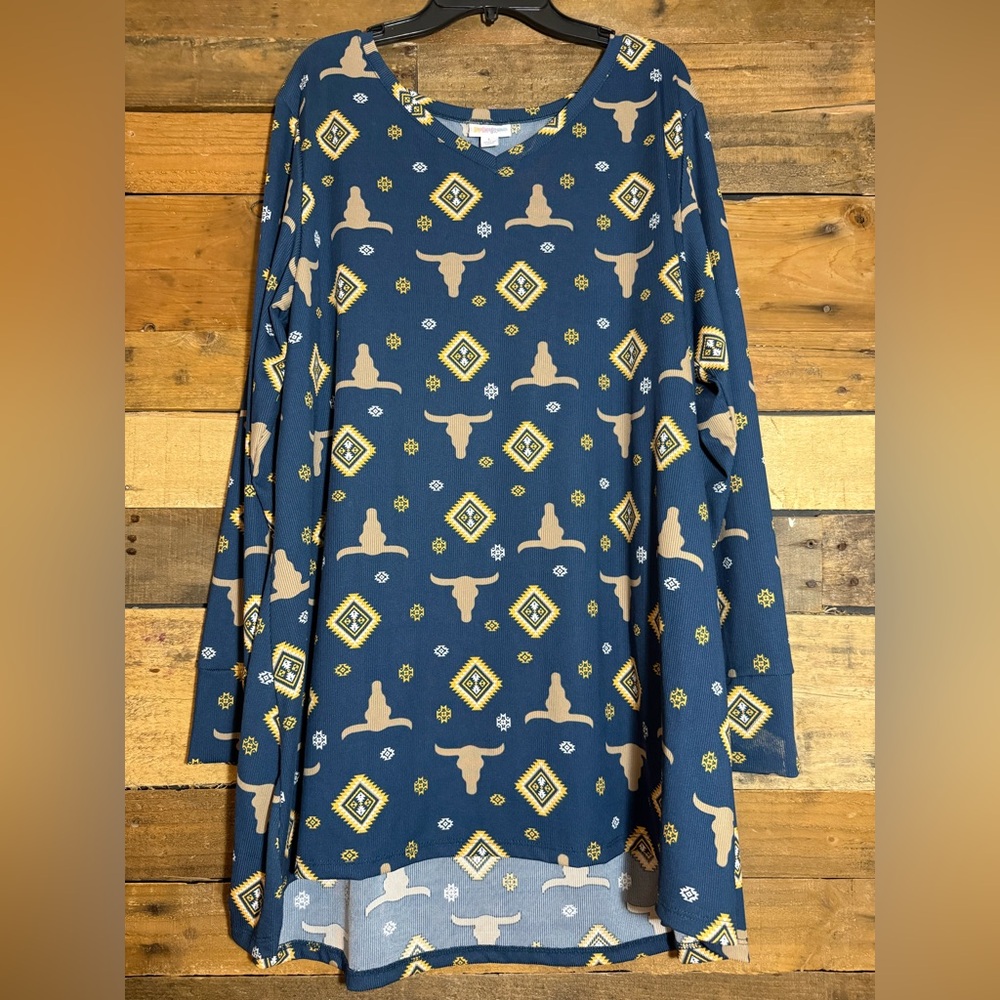 LuLaRoe Elizabeth Size Large Navy with Longhorns Western Cowboy Bull Skull Dress
